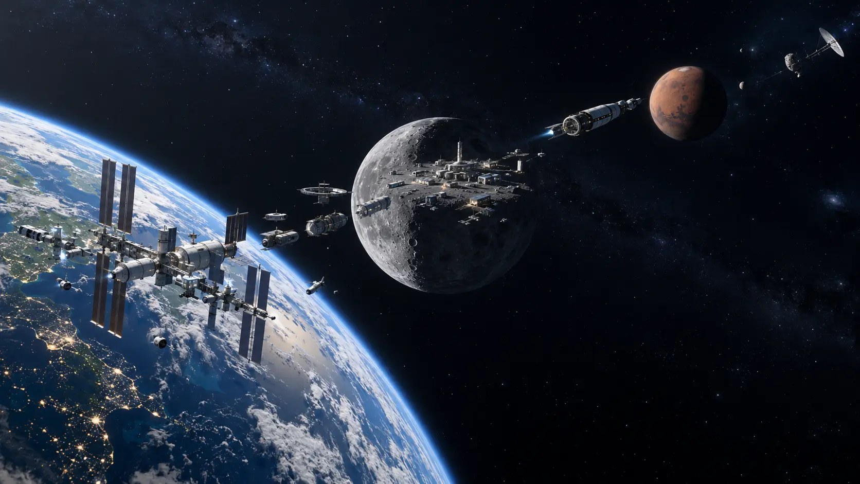 Credible Earth-to-space expansion pathway connecting orbital, lunar and Mars-bound infrastructure
