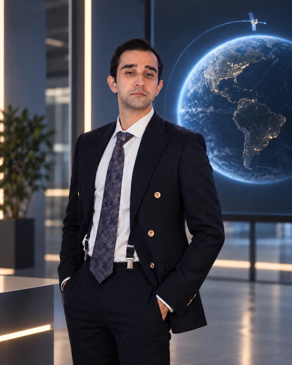 Meysam Ghanbari, optical and satellite communications researcher, with a satellite and Earth visualization